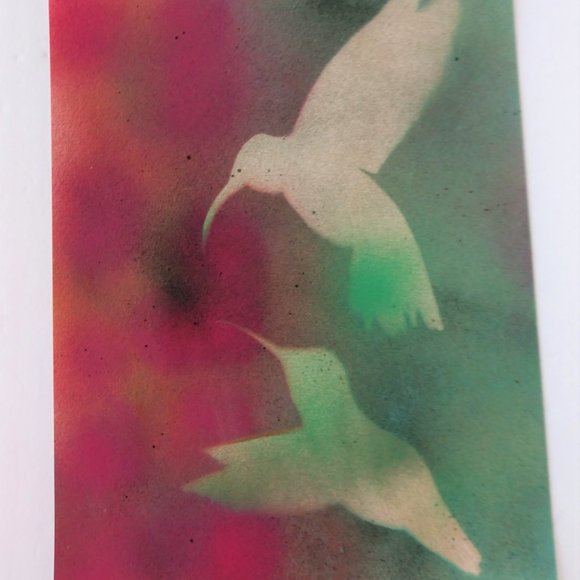 Handmade Painting of Two Hummingbirds In Flowers 15x11 inch - Picture 7 of 15